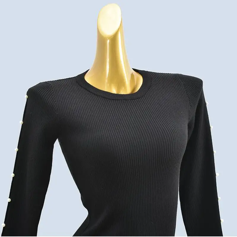 Cseta de punto de manga larga con cuello redondo, ajustada, con bordado pesado, hombros descubiertos y perlas, para mujer,...