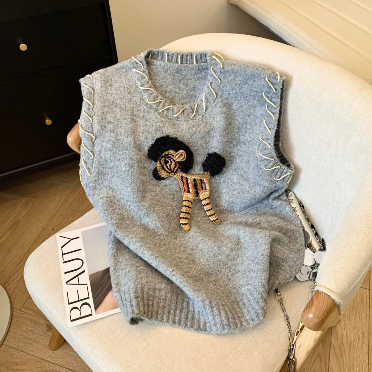 

Lazy Style Knitted Vest Hong Kong Style Pony Embroidery Women Outer Wear Autumn Winter Sweater Vest Soft Waxy Western Style