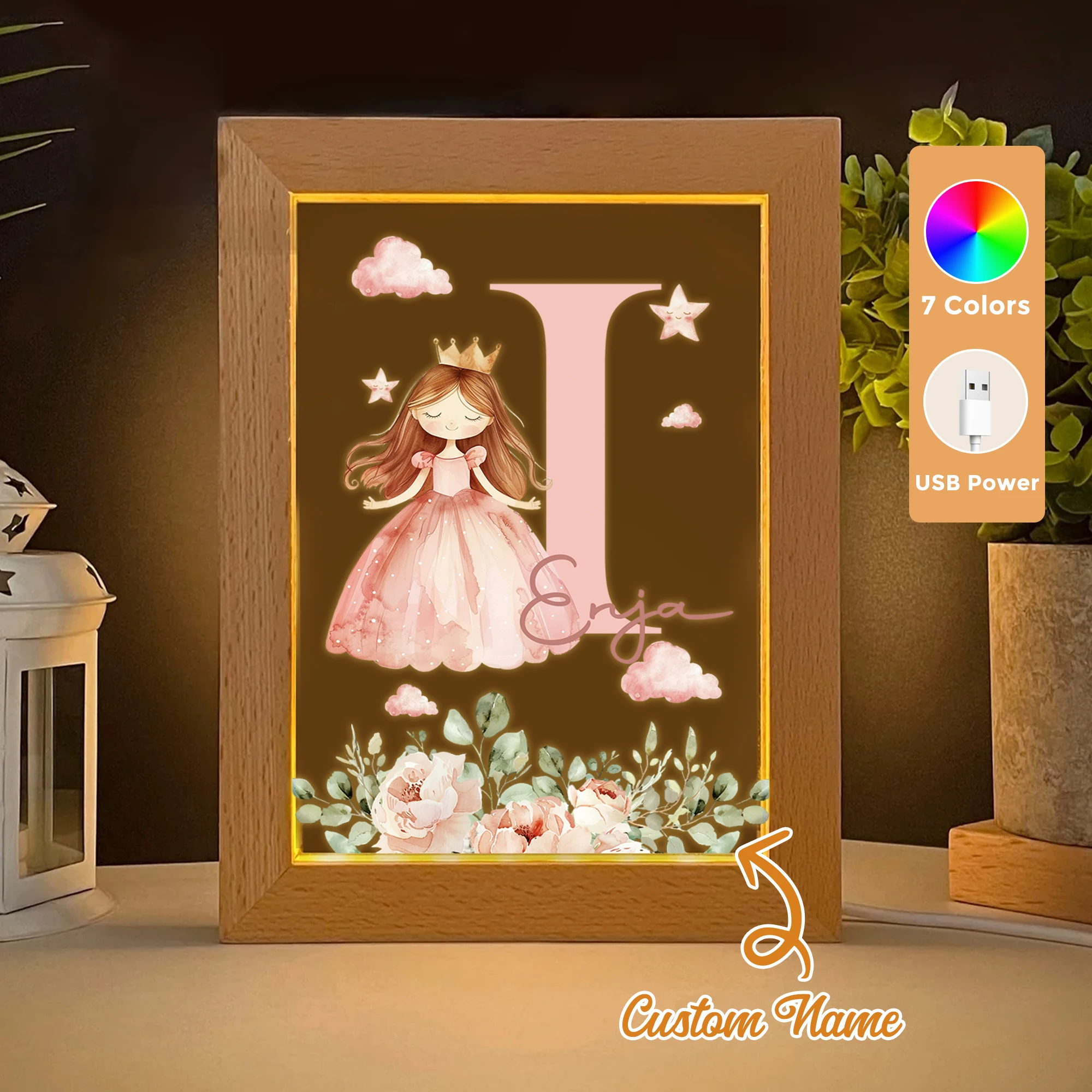 

2D Flat Custom Name Princess LED Acrylic Night Light Wood Photo Frame 21x17cm Cartoon Children Bedroom Gifts Home Decor Gift