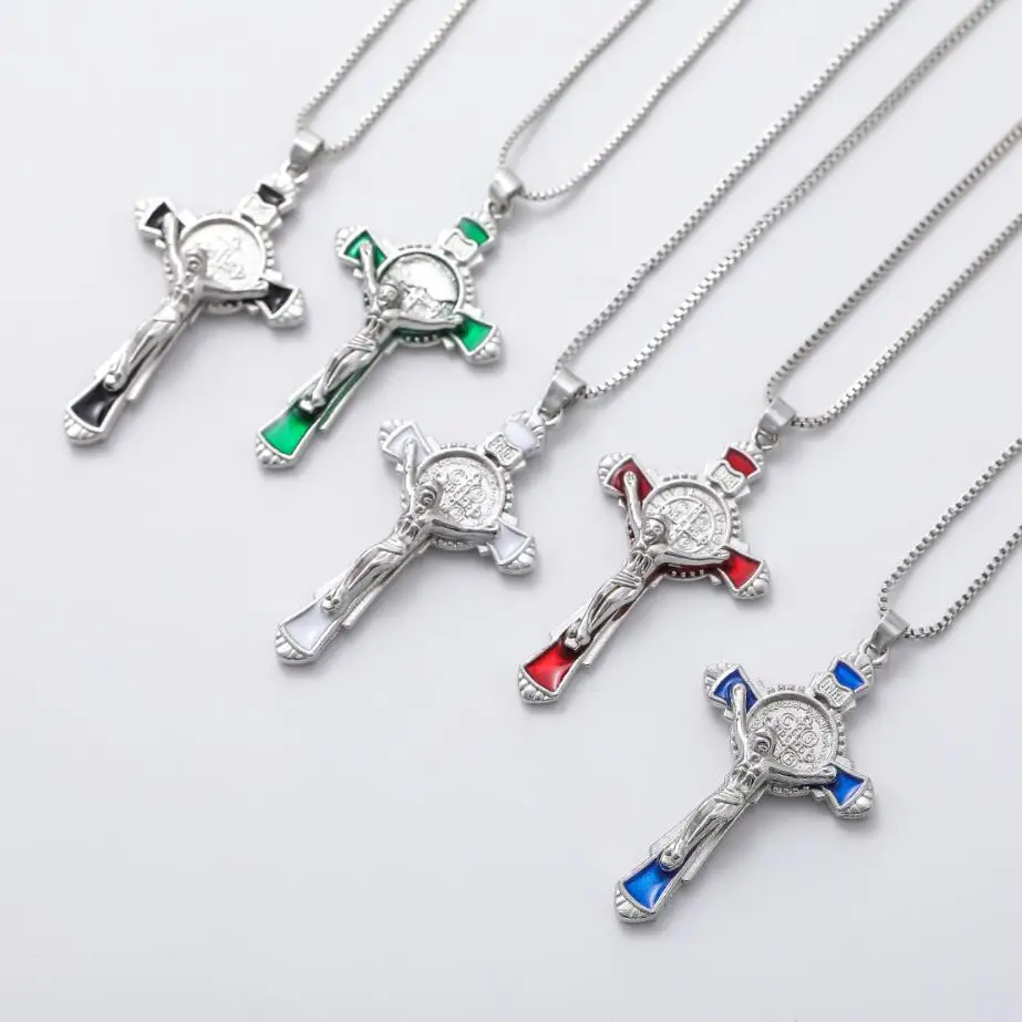 

5Colors Enamel Pendant Necklaces Saint Benedict Medal Cross Crucifix Religious Necklace 24 inches Chains N1670