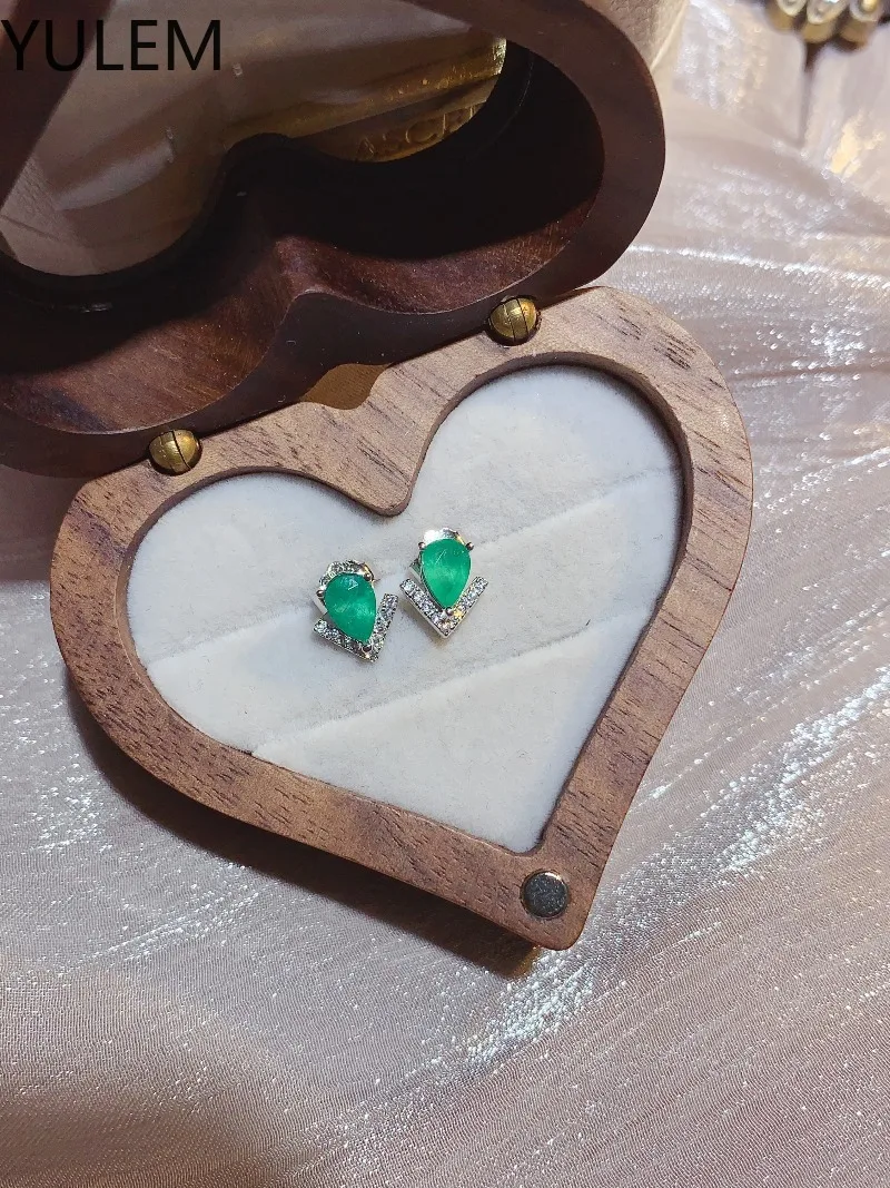 YULEM 4mm * 6mm Real Natural Emerald Earrings Sterling 925 Silver Fine Jewelry For Women Lady Party Wedding Gift with Box