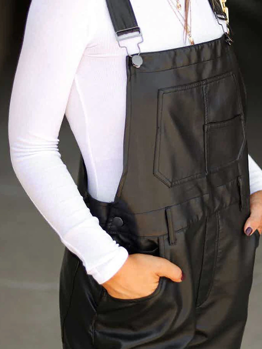 Women Leather Bib Overalls Solid Color Loose Casual Sleeveless Cargo Straight Leg Jumpsuit Romper with Pockets