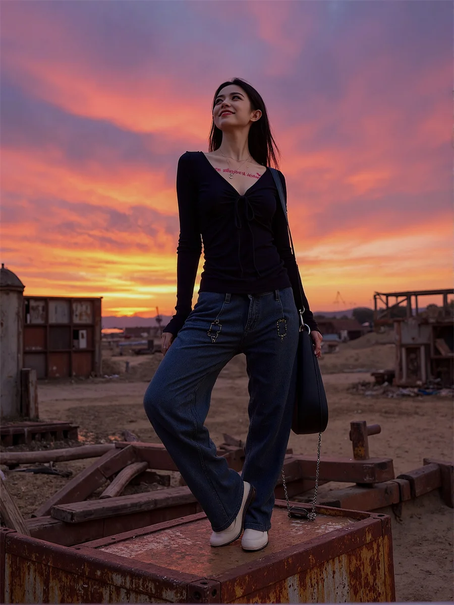 Langarm-T-Shirts für Damen, Baumwolle, V-Ausschnitt, Kordelzug, schmal, elegant, Damenbekleidung, 2022, Trend, Sommer, Reisen, Design, Mode, OL