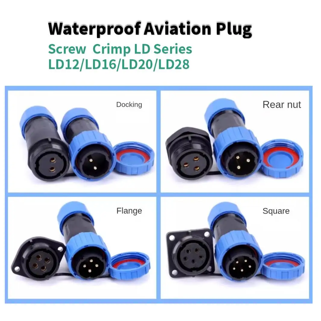 LD Series Waterproof Connector Aviation Plug IP68 Socket 2 Pin Panel Mount Wire Cable LD12 LD16 LD20 LD28  2P 3Pin Dockiing Nut