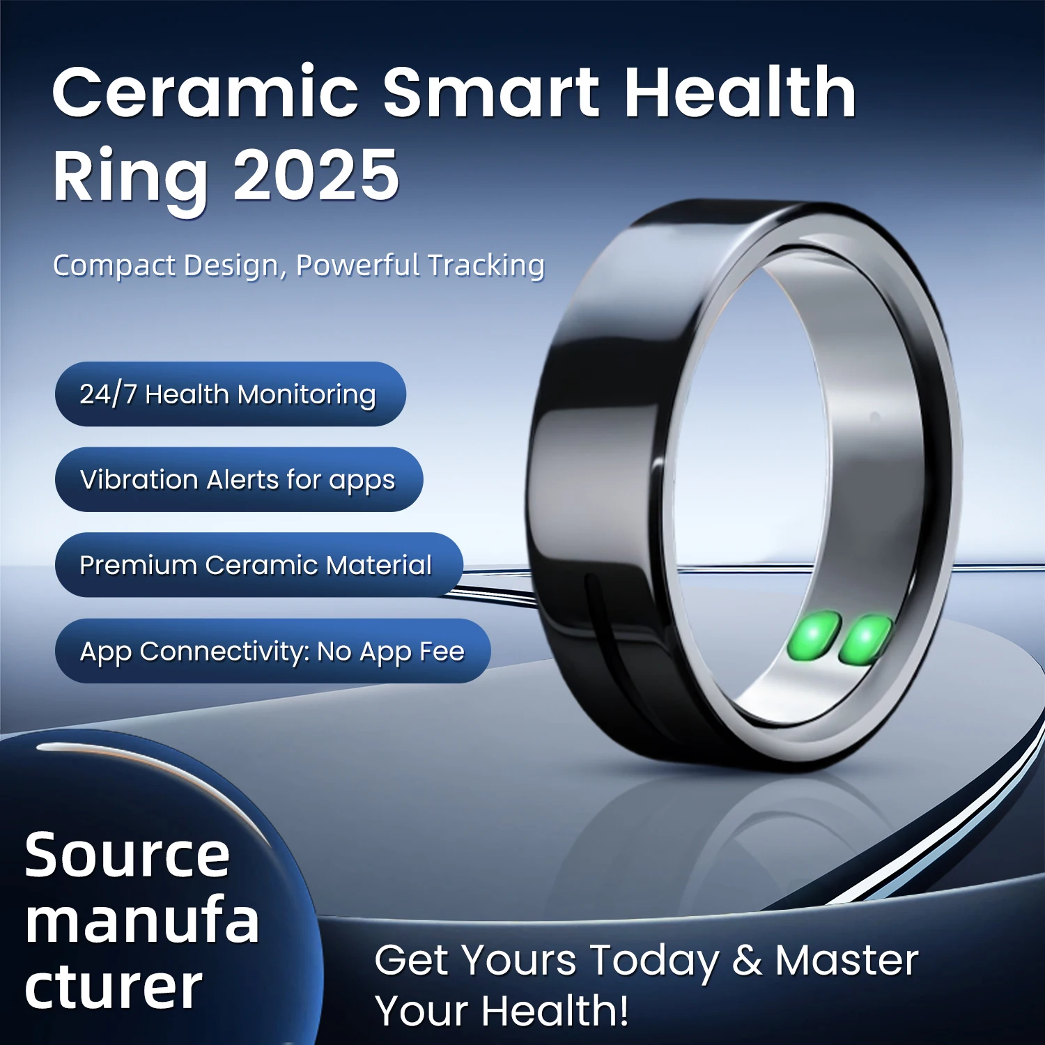 

Ceramic Smart Ring with Vibration Alerts for Calls & Notification & Alarm, Smart Touch Control Health Monitor Smart Ring for Men