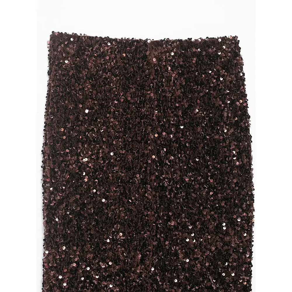 DUOPERI Falda recta con abertura en la espalda de café con lentejuelas para mujer Y2K cintura elástica faldas largas elegantes para mujer