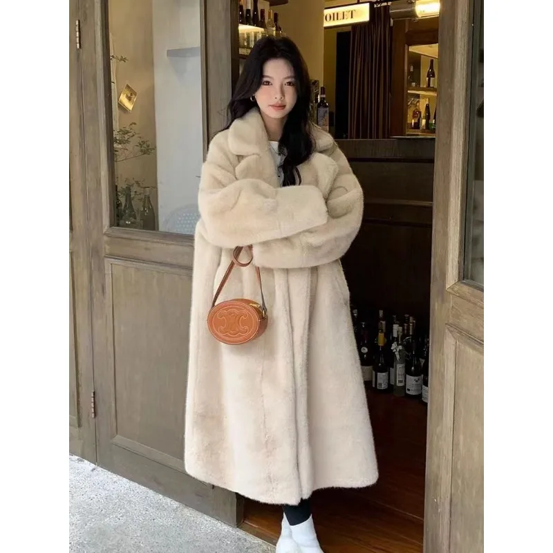 Autumn Winter New Style Imitation Mink Hair Intensification Long Pattern Suit Collar Loose Imitation Fur Overcoat Winter Coat