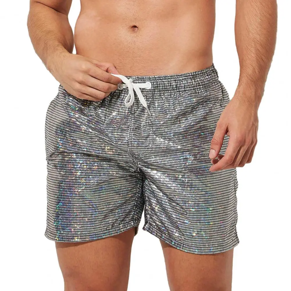 Calça de praia estampada metálica masculina, brilhante com cordão, shorts de ginástica com lantejoulas, cós elástico, secagem rápida