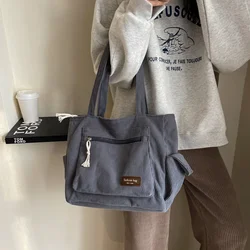 Simple Corduroy Tote Bag, Solid Color Shoulder Bags Retro Multi Pockets Handbag For School Work Shopping bags for women bolso 가방
