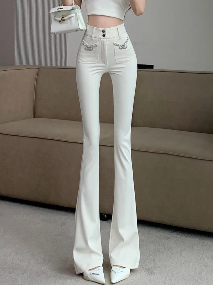 Women Spring Autumn Off White Micro Flared High Waist Slim Fit Casual Suit Pants XJ781