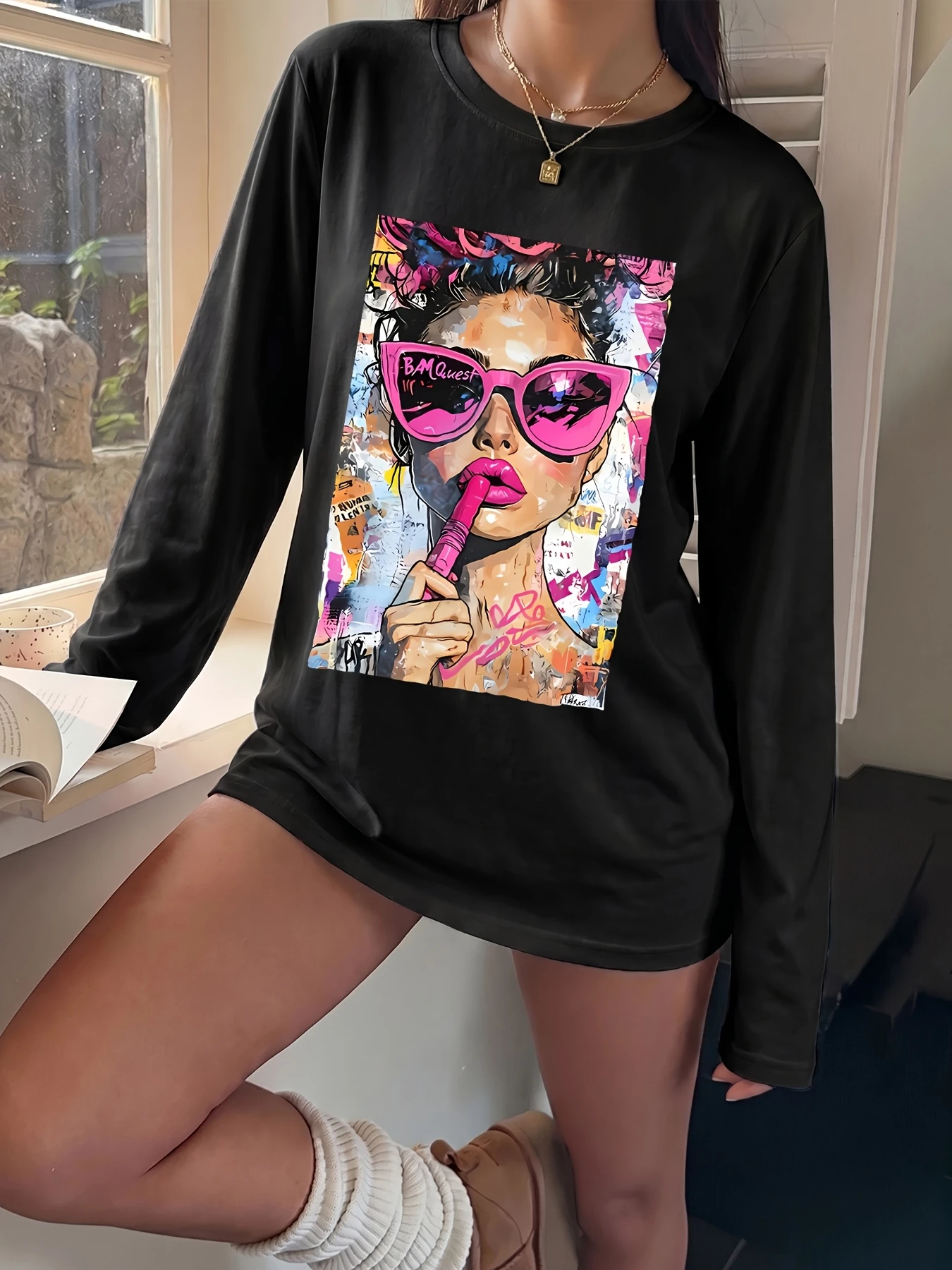 ZZG Women's Sliky Fiber Oversized Round Neck T-Shirt - Cool Graffiti Print Long Sleeve Top, Machine Washable Loose Fit Suitable
