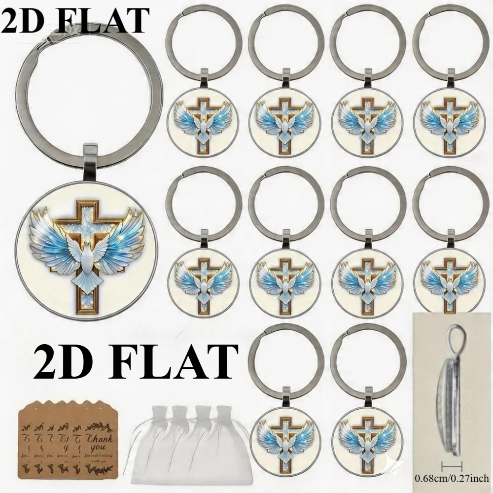 12-60 Sets de Llaveros Redondos de Cristal 2D con Cruz, Paloma, Paz, Fe, Tarjeta y Bolsa de Malla – Recuerdos para Invitados de Navidad, Pascua, Bautizo, Día de la Madre/Boda
