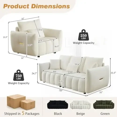 3 Piece Modern Sofa Cloud Couch, Teddy Sofa Set for Living Room, Upholstered Chair and 2 Units 3 Seater Boucle Couch