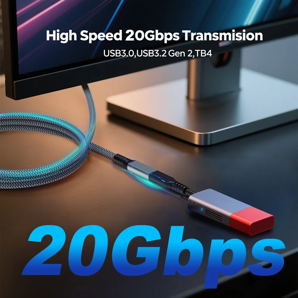 BCVS 90° USB3.2 USB‑C Male to Female Extension Cable 240W 20Gbps Fast Charging for IPhone15 Pro Max MacBook Thunderbolt