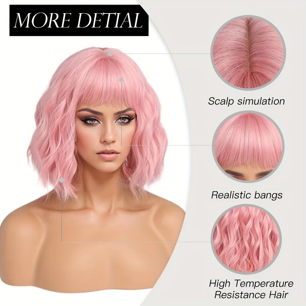 باروكة مهرجان صناعية للسيدات مقاس 14-16 بوصة، شعر وردي قصير مجعد مع غرة، قبعة شبكية حريرية غير لامعة تتحمل درجات الحرارة العالية. #2