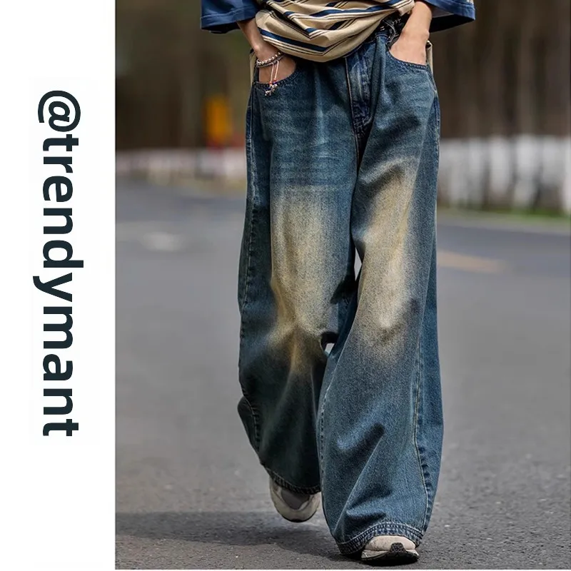 

Retro American Straight Leg Jeans Loose Wide Leg Men's Women's Neutral Sle Spring Autumn Trendy Brand Jeans plus Size