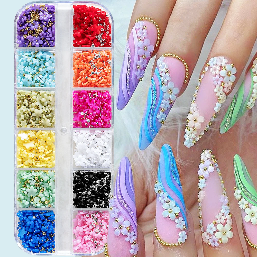 12Grids Acrylic Flower Nail Charms 3D Cherry Blossom Spring Gems with gold/silver Beads Nail Art Rhinestones DIY Nail Supplies