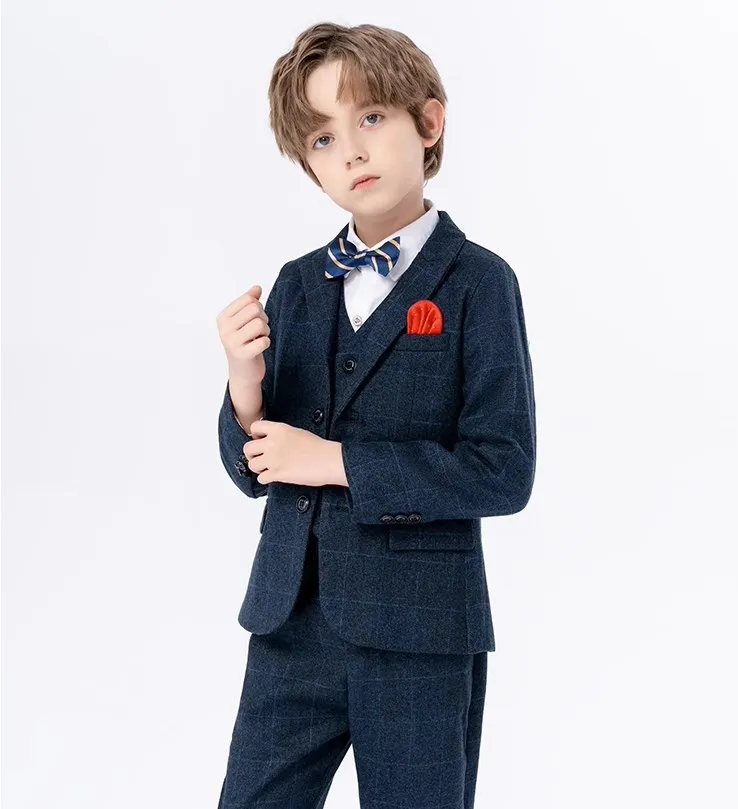 

Children Plaid Gary Jacket Vest Pants Bowtie 4PCS Photograph Suit Boys Wedding Dress Kids Tuxedo Dress Birthday Party Costume