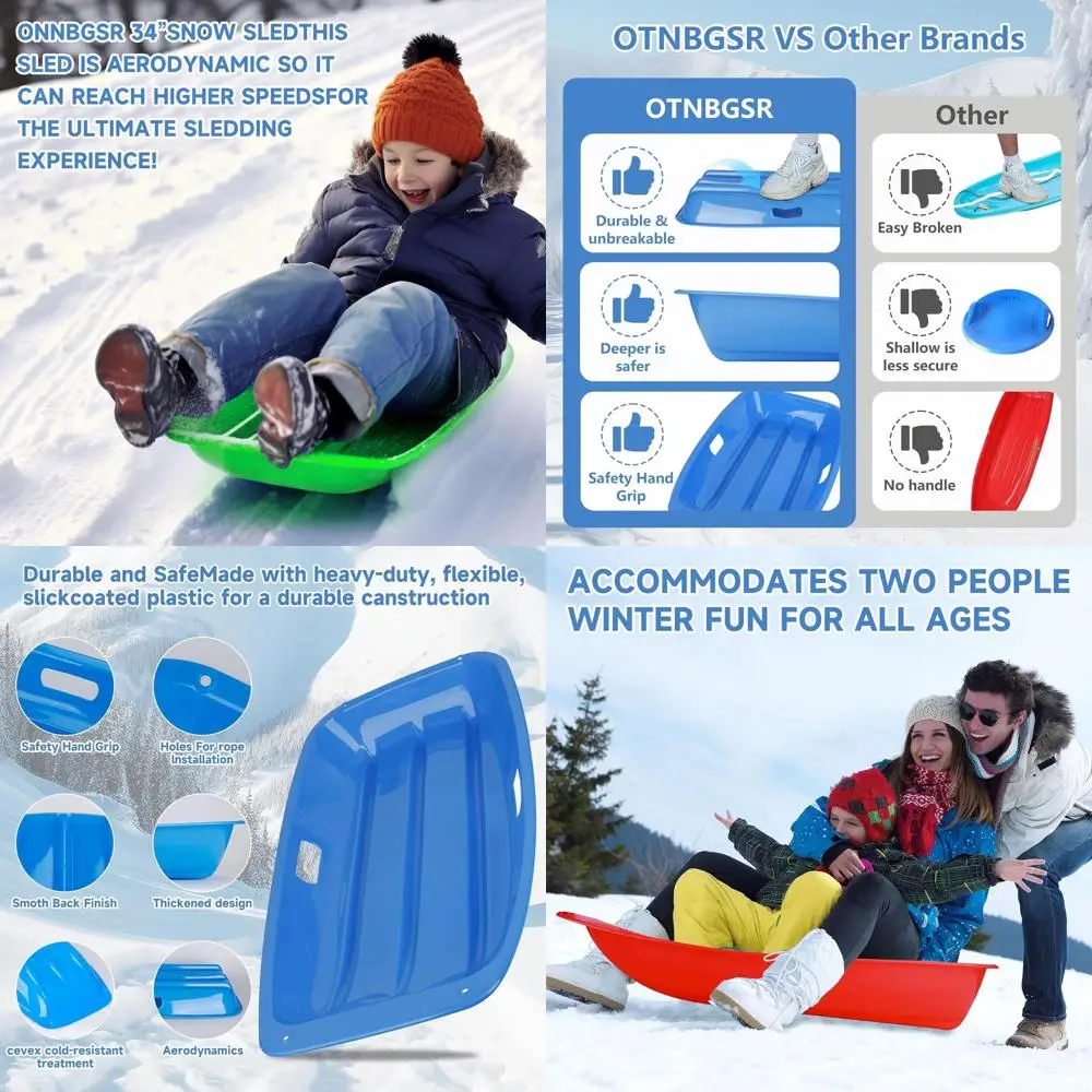

Dual-Handle Plastic Snow Sled with Leash, 35 Wide and Thick, Ideal for Two Riders