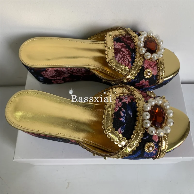 Sandales Brodées en Satin pour Femme, Mules d'Été à Plateforme Haute, Compensées, Décor de Rivets