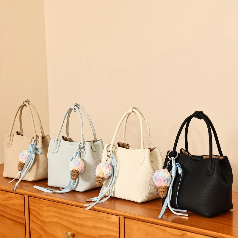 Fashion Simple Soft PU Leather Bucket Handbag Hasp Solid Color Small Tote Bag Versatile Shoulder Bag Women Purse Handbag 2026