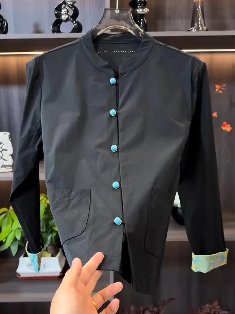 Retro Chinese Costume Jacket Men's Summer Thin Design Sensation Mesh Breathable Sun Protection Casual Button up Outerwear