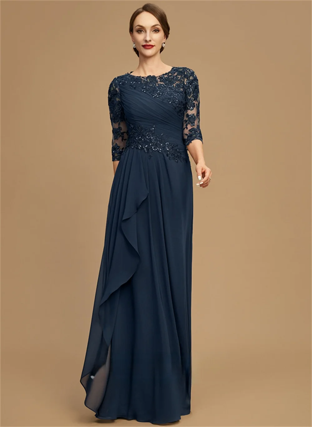 

A-Line Scoop-Neck Floor-Length 2024 Appliques Cascading Ruffles Prom Evening Mother Of The Bride Dress Half Sleeves Chiffon Lace