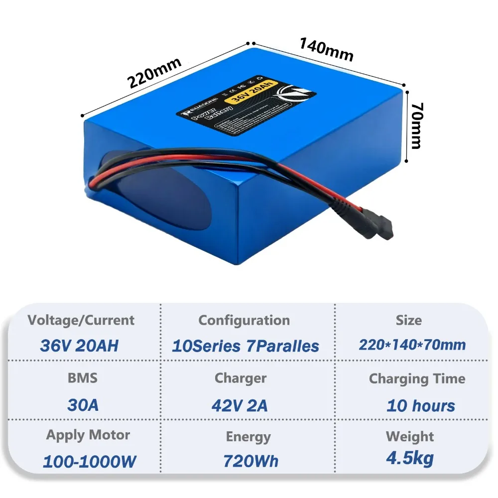 36V Lithium Battery 20Ah with 42V Charger for European Electric Bicycle Compatible with 100-1000W Motor XT60 Adapter