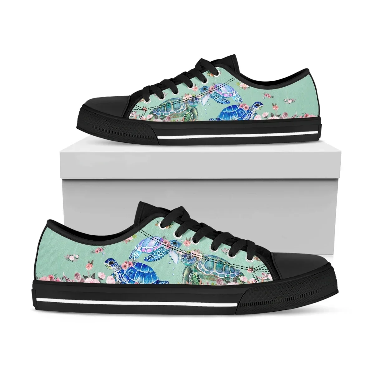 Blue Sea Turtle Pattern Low Top Sneakers Mens Womens Teenager High Quality Canvas Sneaker Couple Shoes Custom Personalized Shoe - view 2