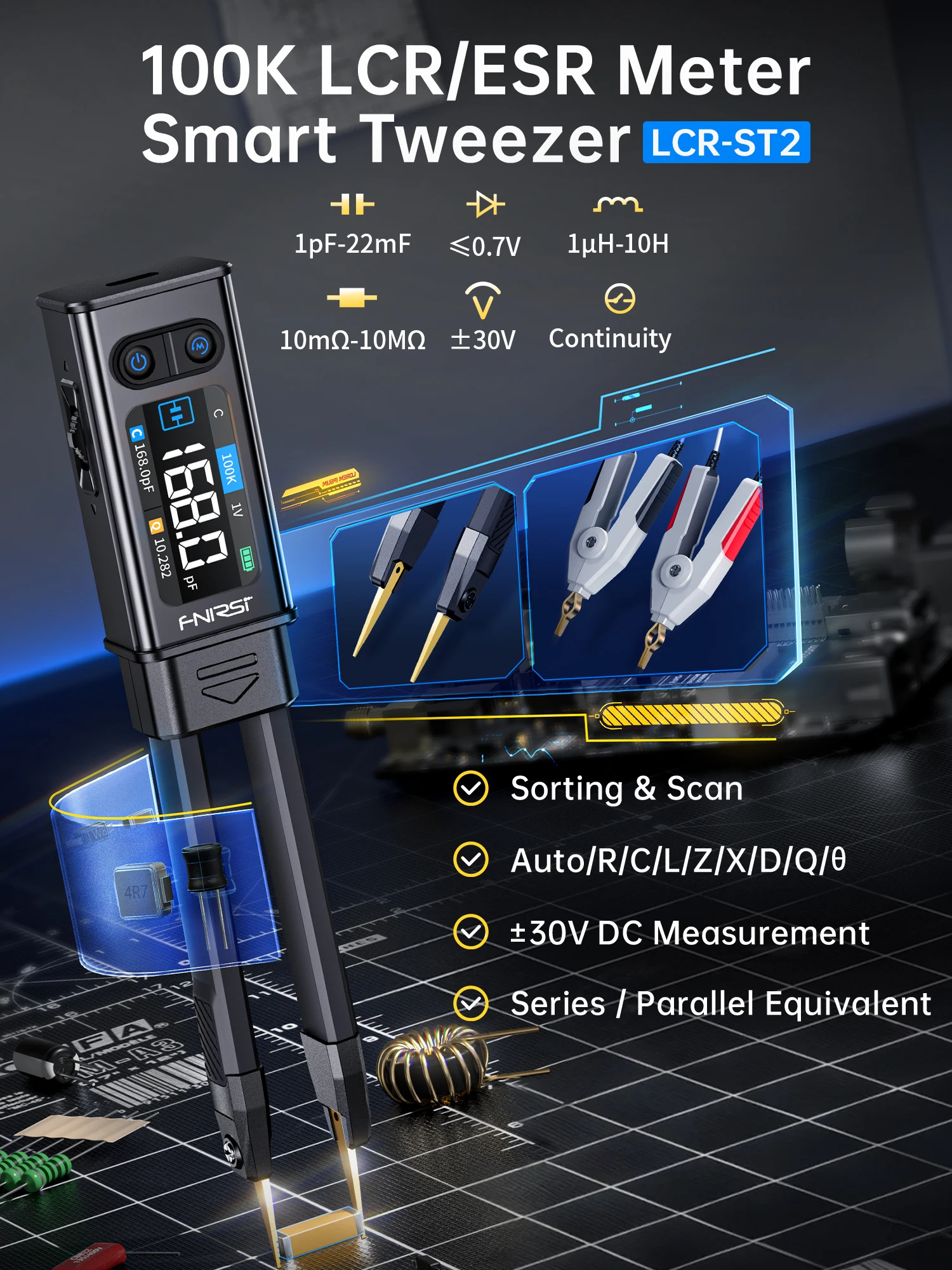 Pince à épiler de précision FNIRSI LCR-ST2, balayage pleine fréquence 100 Hz -100 kHz, continuité des diodes, outil de mesure électronique portable