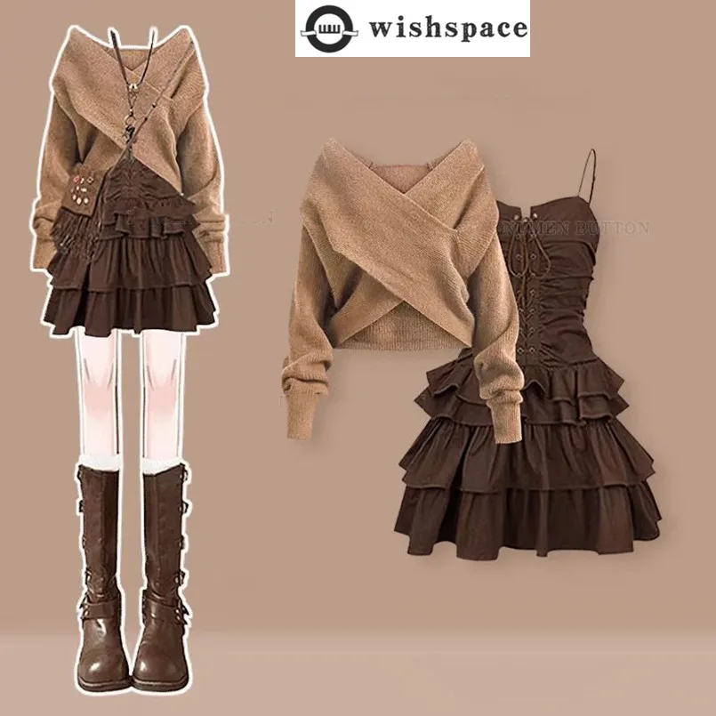 

Spring and Autumn French Style Set Women's Short Knitted Sweater+Slimming Strap Dress Elegant Women's Two Piece Set