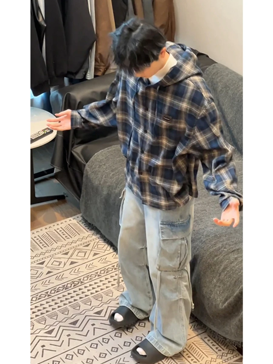 

Мужская демисезонная куртка в американском ретро-стиле с капюшоном, свободного кроя, с длинными рукавами, в клетку, молодежный тренд Весна 2025