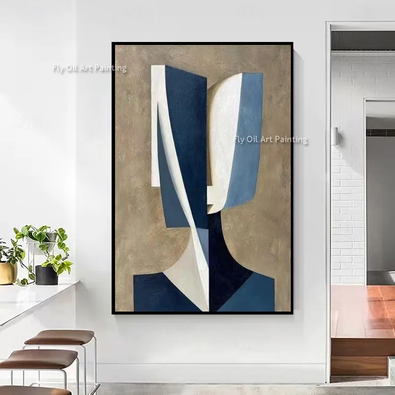 

Сине-бежевая абстрактная картина с геометрическими фигурами, ручная работа, новый модный настенный декор для спальни, коричнево-бежевая картина маслом в подарок