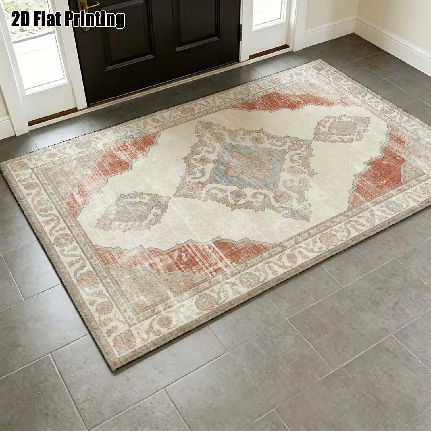 1Pc 2D Printed Retro Pattern Carpet: Red-Brown, Blue, Gray, European Vintage Boho Geometric, Home Decor Floor Mat, Multi-Size, Machine Washable, for Living Room, Bedroom, Dining Room, Entryway, Study