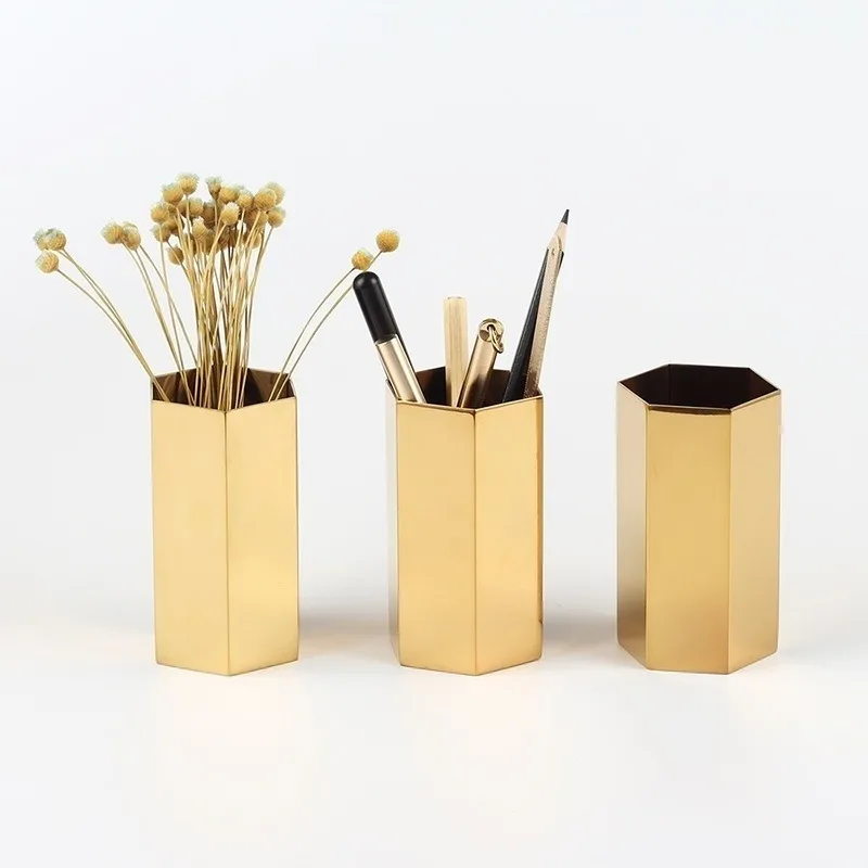 1 stücke Hexagon Stift Halter Gold Einfache Stil Edelstahl Vasen Hause Dekoration Blume Vase Prägnante Design Blume Flaschen