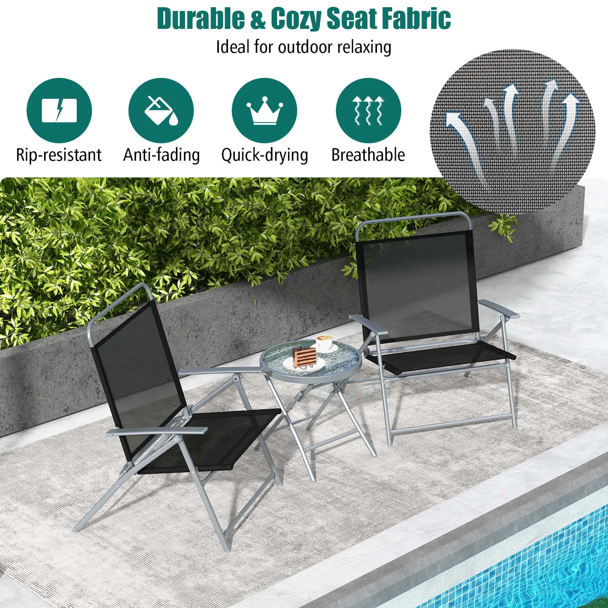 Juego de mesa plegable para Patio, asiento Extra grande, marco de Metal, portátil, para exteriores, 3 piezas