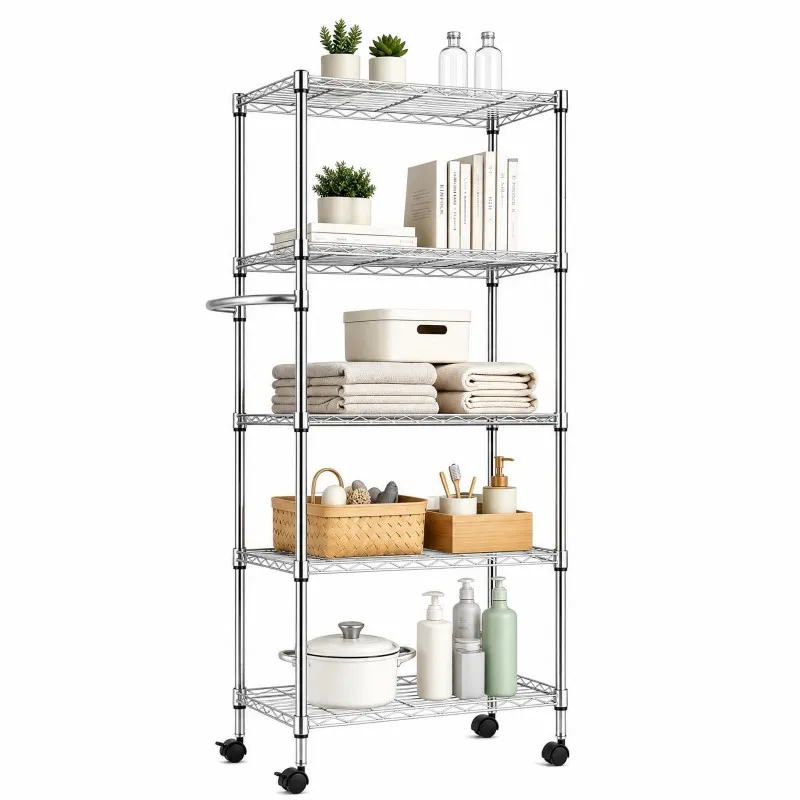 Scaffale modulare in acciaio a 5 ripiani, con altezza regolabile, maniglie e ruote bloccabili, robusto scaffale metallico per riporre oggetti, ideale per cucina, dispensa, garage o cantina.