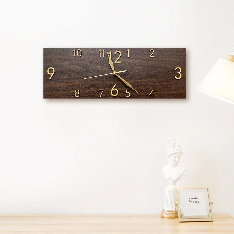European style retro wood grain rectangular wall clock living room study home creative clock personality art deco clock mute