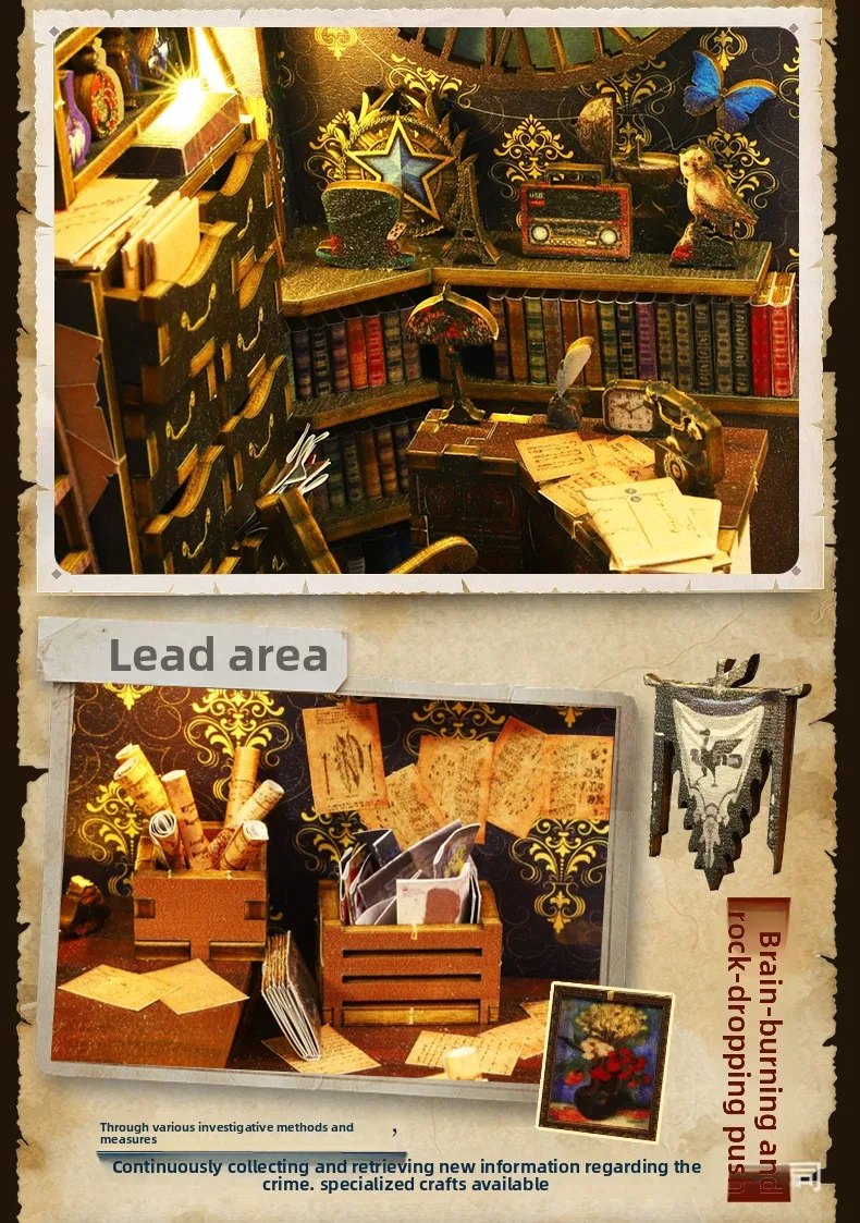 DIY Book Nook Kit 3D Wooden Puzzle Detective Mystery Society Bookend Handmade Model Building Assembly Toys Gifts Home Decor