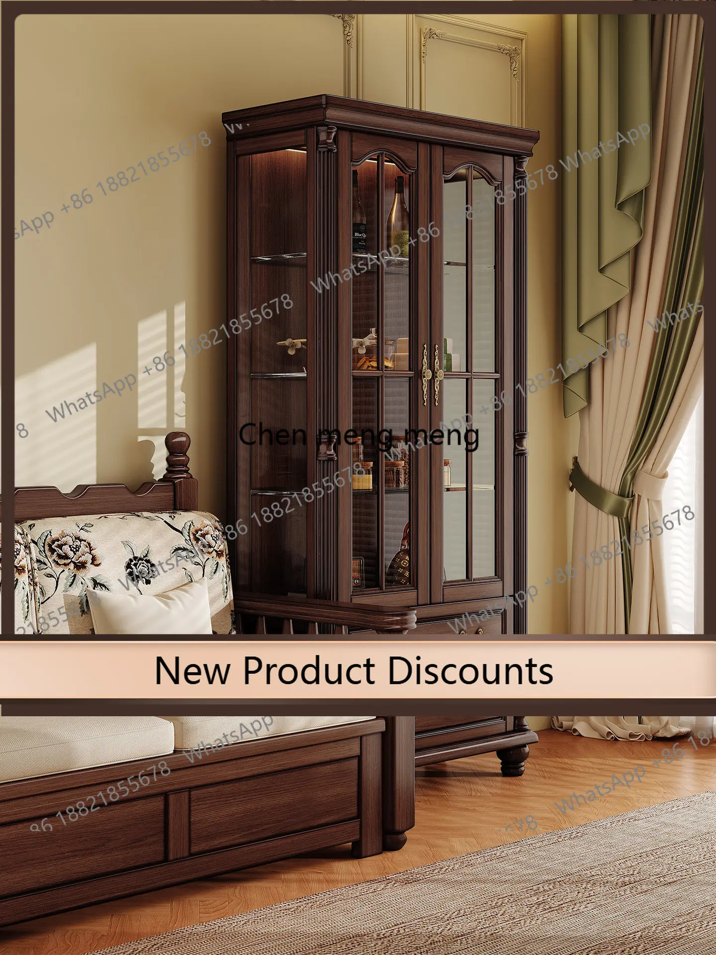 z10Solid wood wine cabinet visual glass, storage double door black walnut wine cabinet, high wine cabinet