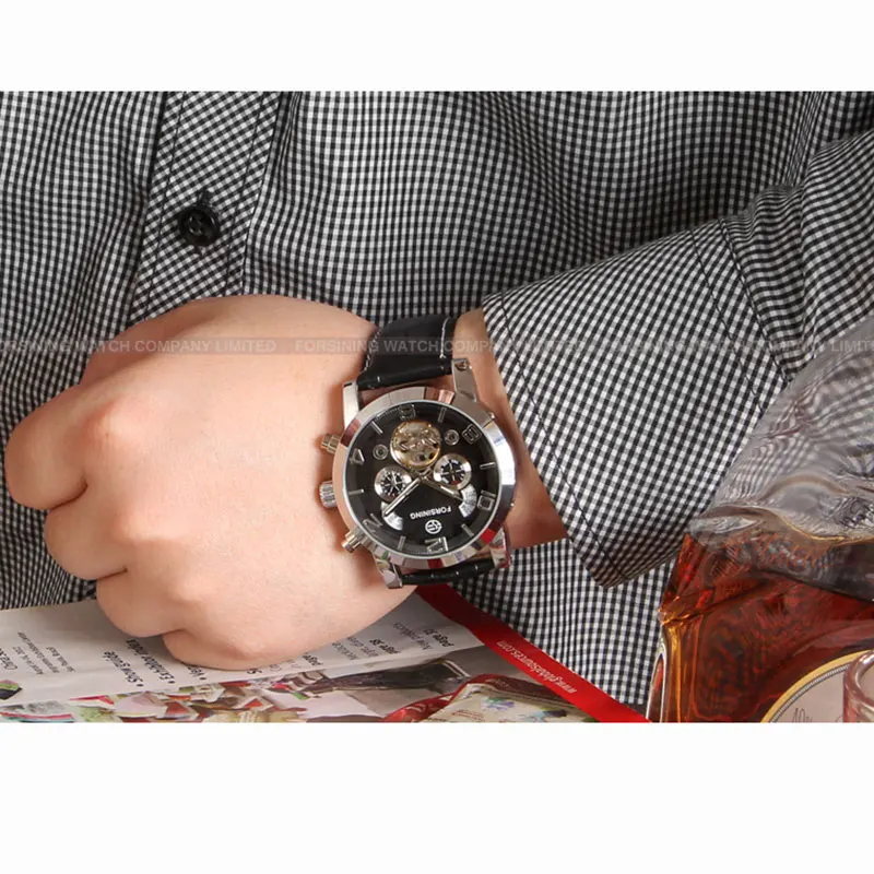 Forsining Fashion Mechanical Male Wristwatches Tourbillon Waterproof Leather Strap Regulator Watches With Perpetual Calendar
