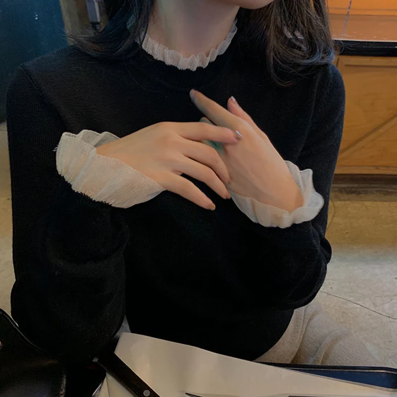 

Модный вязаный свитер с кружевной отделкой, женский облегающий базовый слой, осень-зима, новый универсальный утягивающий трикотаж