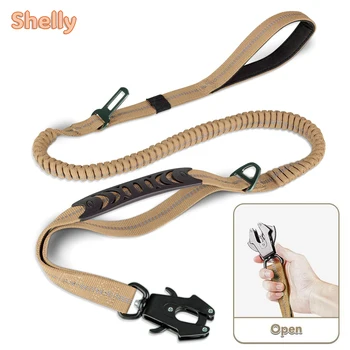 مقود كلب عالي التحمل ممتص للصدمات مقود كلب تكتيكي متقدم سهل مشبك معدني بدون سحب مقود كلب عاكس للكلاب المتوسطة