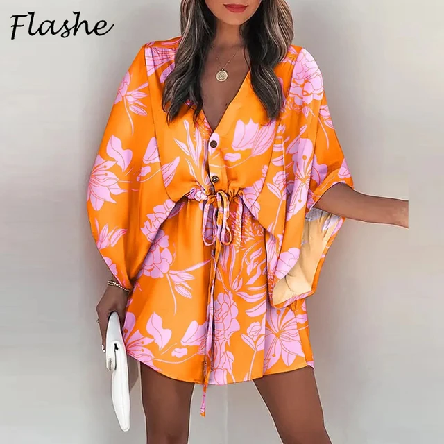 113367-c3081d.jpg Women Casual Loose Dress Beach Boho Dress Fashion Vintage Print V Neck Drawstring Mini Dress Summer Dresses Robe Femme 2022