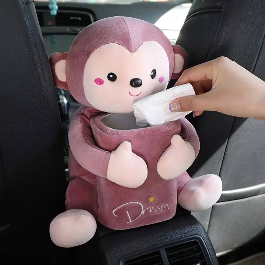 2 In 1 Car Tissue Box Doll Cartoon Garbage Can Dog Monkey Rabbit Short Plush Car Tissue Holder Car Armrest Box Supplies Novelty