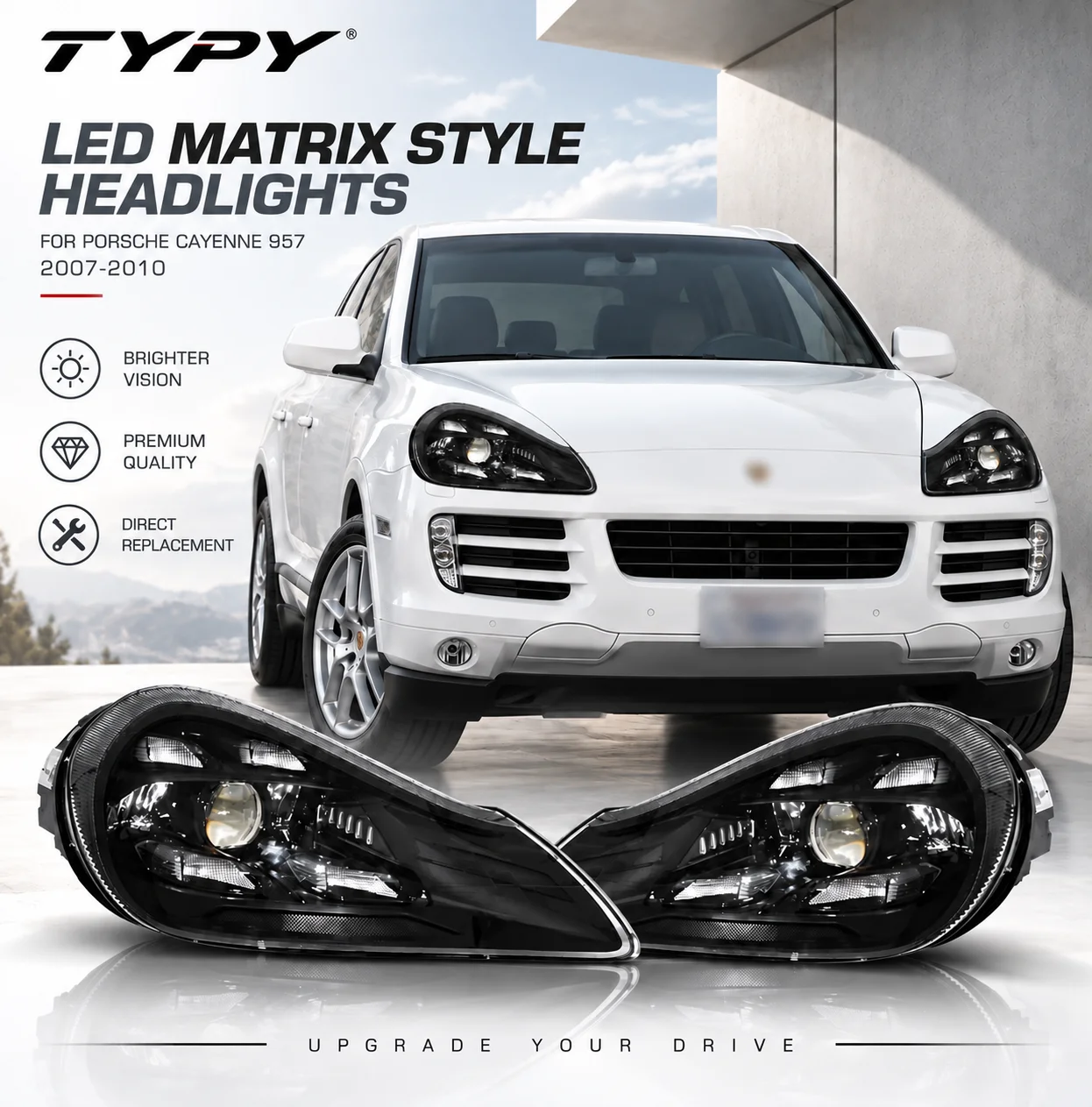 Światła samochodowe LED w stylu Matrix do Porsche Cayenne 957, reflektory 2007-2010, ulepszony zestaw DRL, Plug & Play