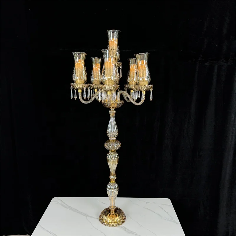 Wholesale 6 Arms Crystal Luxury Wedding Candle Holder Gold Table Centerpiece Crystal Glass Candelabra