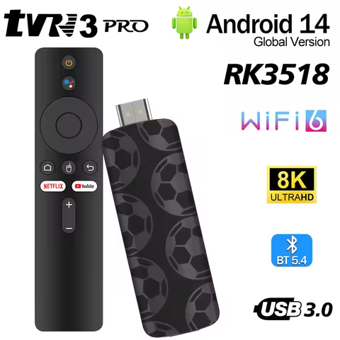 TVR3 PRO Mini TV Stick Android 14 Rockchip RK3518 Smart TV Box 2GB 16GB 8K HD Wifi6 BT5.4 USB3.0 HDR10+ Media Player Set Top Box