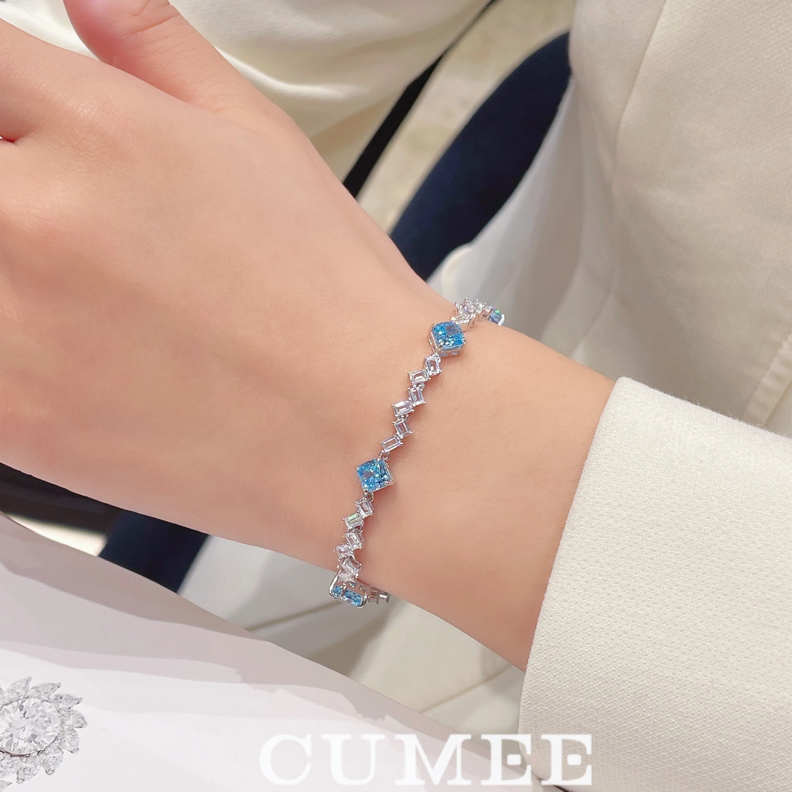 Cumee Cut Dainty Daily Square Princess Cultivate Synthetic Aquamarine Bracelet 925 Sterling Silver Gold Plated