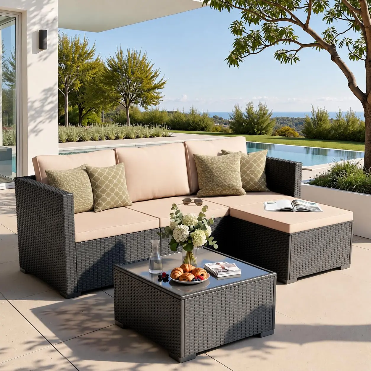 Wide Armrest Wicker Rattan Outdoor Patio Sofa Set, Modular Sectional For Garden Poolside Backyard, 5 Piece, Khaki, Customized